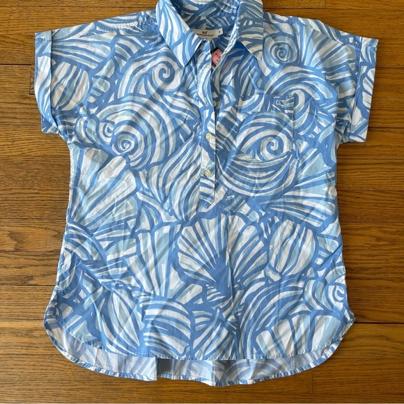 Vineyard Vines Collared Button Down Nautilus Short Sleeve Top Blue Size 8 NWT - Picture 1 of 4
